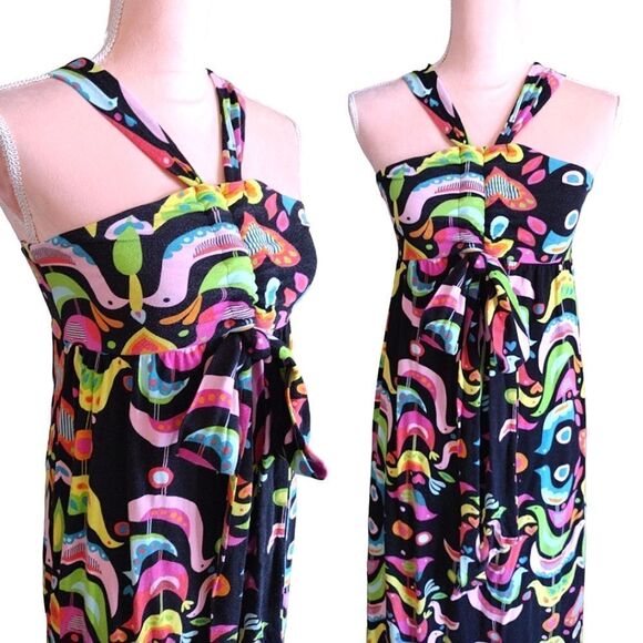 VTG 90s Black Colorful Birds Folk Art Print Sleeveless Halter Maxi Dress Small - Picture 10 of 17